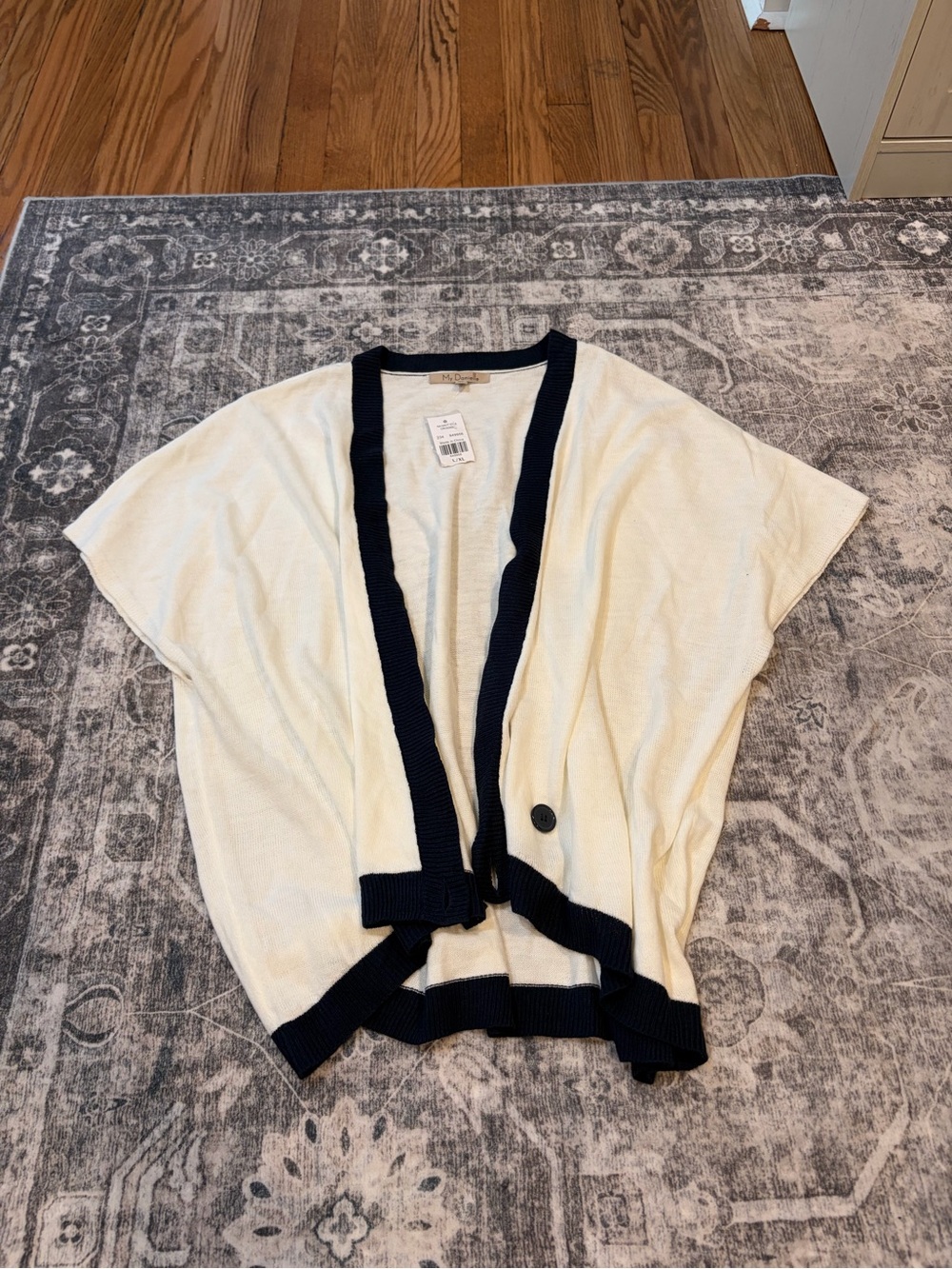Cream Short-Sleeve Cardigan with Navy Trim by